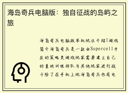 海岛奇兵电脑版：独自征战的岛屿之旅