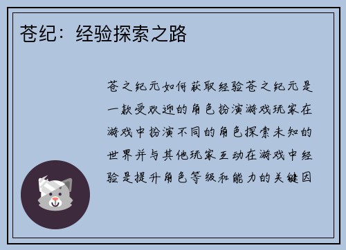 苍纪：经验探索之路